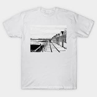 Southwold Beach Huts at Sunset Ink Sketch T-Shirt